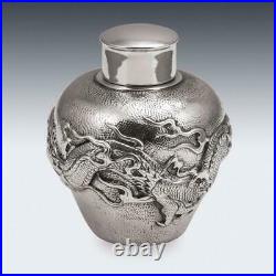ANTIQUE 20thC CHINESE SOLID SILVER DRAGON TEA CADDY, HOUCHEONG, CANTON c. 1880