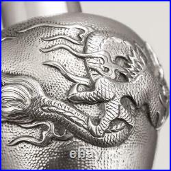 ANTIQUE 20thC CHINESE SOLID SILVER DRAGON TEA CADDY, HOUCHEONG, CANTON c. 1880