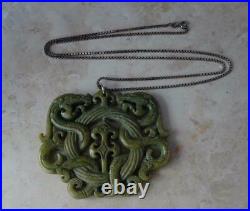 ANTIQUE ART DECO CARVED HARDSTONE DRAGON PENDANT on SILVER CHAIN CHINESE CELTIC