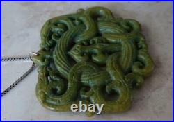 ANTIQUE ART DECO CARVED HARDSTONE DRAGON PENDANT on SILVER CHAIN CHINESE CELTIC