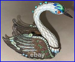 ANTIQUE CHINESE EXPORT FILIGREE SILVER ENAMEL Bird Swan BOX Sterling 5.5 Rare