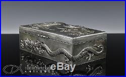 ANTIQUE CHINESE EXPORT SILVER BOX WITH RELIEF DRAGONS ZEE SUNG