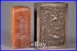 Antique Chinese Export Silver Match Box Holder & Hardstone Carved Chop Seal