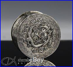 Antique Chinese Export Silver Round Box With Dragon