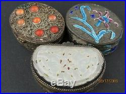ANTIQUE CHINESE QING Jade Silver ENAMEL Pill OPIUM SNUFF 3 Boxes