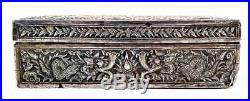 ANTIQUE CHINESE SILVER BOX, HANDMADE SIGNED WITH DRAGONS, 19th C