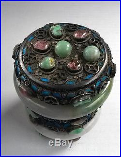 Antique Chinese Silver Enamel Jade Gemstone Tea Caddy Box