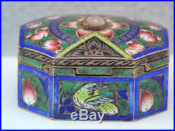 ANTIQUE CHINESE STERLING SILVER ENAMEL SNUFF BOX w RED JEWEL GORGEOUS LOOK