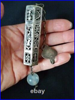 ANTIQUE CHINESE STERLING SILVER NEEDLE CASE HANGING PENDANT c1800