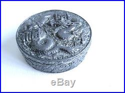 ANTIQUE CHINESE TEA BOX SILVER/PEWTER CARVED DRAGON 3.5 in WIDE