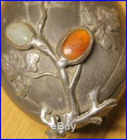ANTIQUE Chinese JADE AGATE Pewter LID Cover food Warmer snuff box Jadeite Stone