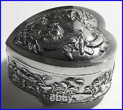 ANTIQUE Chinese Sterling Silver DRAGONS &FLOWERS Jewelry TRINKET HEART SHAPE Box