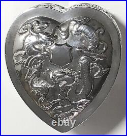 ANTIQUE Chinese Sterling Silver DRAGONS &FLOWERS Jewelry TRINKET HEART SHAPE Box