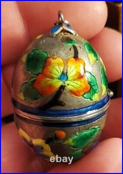 ANTIQUE EARLY 1900S CHINESE EXPORT EGG BOX FLOWER ENAMEL SILVER PENDANT vafo