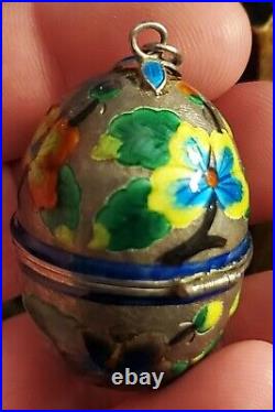 ANTIQUE EARLY 1900S CHINESE EXPORT EGG BOX FLOWER ENAMEL SILVER PENDANT vafo