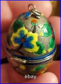 ANTIQUE EARLY 1900S CHINESE EXPORT EGG BOX FLOWER ENAMEL SILVER PENDANT vafo