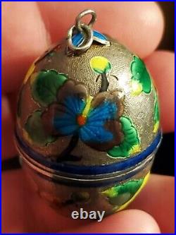 ANTIQUE EARLY 1900S CHINESE EXPORT EGG BOX FLOWER ENAMEL SILVER PENDANT vafo