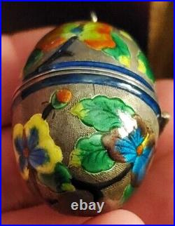 ANTIQUE EARLY 1900S CHINESE EXPORT EGG BOX FLOWER ENAMEL SILVER PENDANT vafo