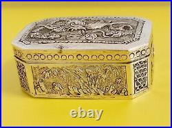 ARGENT MASSIF CHINE BOITE A PILULES CHINESE EXPORT SILVER BOX DRAGON 26g