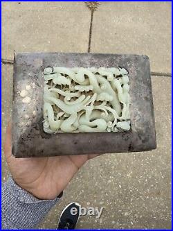 Amazing Ming Style Pierced Dragon Jade Plaque on Silver & Wood Trinket Box