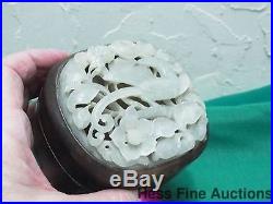 Ancient Mutton Fat Jade Silver Inlay Carved Bird Chinese Asian Wood Box