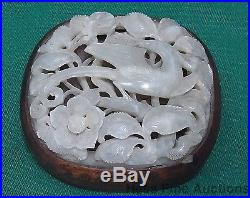 Ancient Mutton Fat Jade Silver Inlay Carved Bird Chinese Asian Wood Box