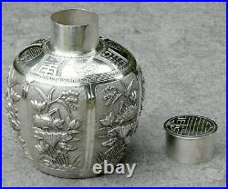 Antike Teedose Silber China Vintage Chinese silver tea caddy box foral