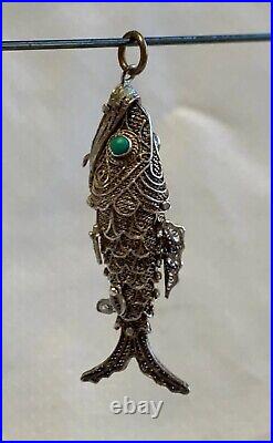 Antiq Chinese Silver Pill Box Pendant Articulating Koi Fish Gold Wash Filigree