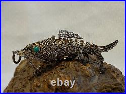 Antiq Chinese Silver Pill Box Pendant Articulating Koi Fish Gold Wash Filigree