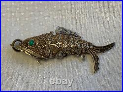 Antiq Chinese Silver Pill Box Pendant Articulating Koi Fish Gold Wash Filigree