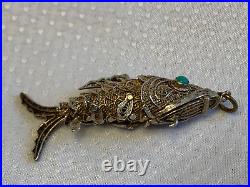 Antiq Chinese Silver Pill Box Pendant Articulating Koi Fish Gold Wash Filigree