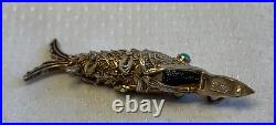 Antiq Chinese Silver Pill Box Pendant Articulating Koi Fish Gold Wash Filigree