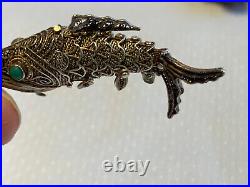 Antiq Chinese Silver Pill Box Pendant Articulating Koi Fish Gold Wash Filigree