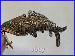 Antiq Chinese Silver Pill Box Pendant Articulating Koi Fish Gold Wash Filigree