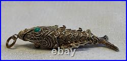 Antiq Chinese Silver Pill Box Pendant Articulating Koi Fish Gold Wash Filigree