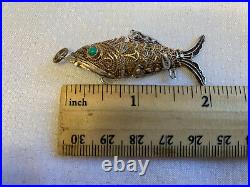 Antiq Chinese Silver Pill Box Pendant Articulating Koi Fish Gold Wash Filigree