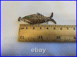 Antiq Chinese Silver Pill Box Pendant Articulating Koi Fish Gold Wash Filigree