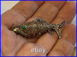 Antiq Chinese Silver Pill Box Pendant Articulating Koi Fish Gold Wash Filigree