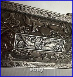 Antique 1890 Chinese Silverplated Oriental Scene, Fishing, Ox Scene Trinket Box