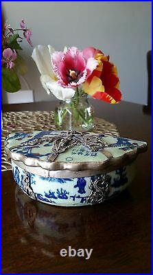 Antique 19-20 C Vintage Oriental Chinese Trinket Box Celadon Blue Cobalt Silver