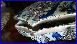 Antique 19-20 C Vintage Oriental Chinese Trinket Box Celadon Blue Cobalt Silver
