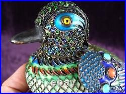 Antique 19/20C Chinese silver enamel duck box coral turquoise 11.6 oz