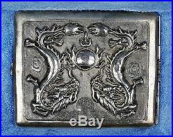 Antique 1900s Chinese Dueling Golden Dragons Sterling Silver Cigarette Case Box