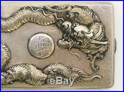 Antique 1900s Chinese Export Golden Dragon Silver Cigarette Case Box
