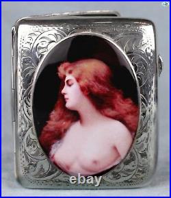 Antique 1920 Erotic British Lady Bust Silver Pictorial Enamel Cigarette Case