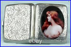 Antique 1920 Erotic British Lady Bust Silver Pictorial Enamel Cigarette Case