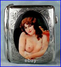 Antique 1920 Erotic Red Lady Bust British Silver Pictorial Enamel Cigarette Box