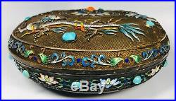 Antique 1920s Chinese Silver Cloisonne Enamel Dragon Jeweled Round Box 9