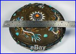 Antique 1920s Chinese Silver Cloisonne Enamel Dragon Jeweled Round Box 9