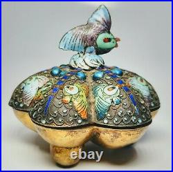 Antique 1920s Chinese Silver and Enamel Fish Trinket Box